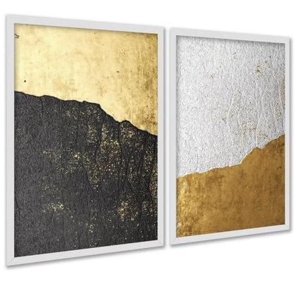 Imagem de Kit 2 Quadros Abstratos Rústicos Preto Dourado 33x24cm - com vidro