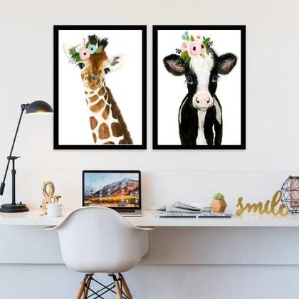 Imagem de Kit 2 Quadros Animais Girafinha E Vaquinha 24x18cm - com vidro