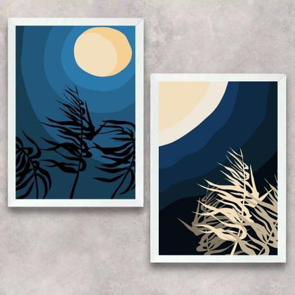 Imagem de Kit 2 Quadros Arte Boho Degradê Azul e Bege 45x34cm - com vidro