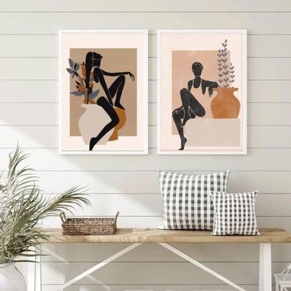 Imagem de Kit 2 Quadros Arte Boho Mulheres ComVasos 24x18cm