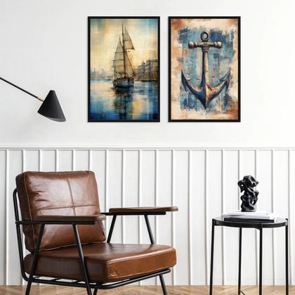 Imagem de Kit 2 Quadros Arte Nautica Âncora e Barco 33x24cm - com vidro