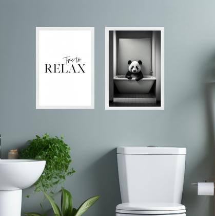 Imagem de Kit 2 Quadros Banheiro Panda - Time To Relax 33x24cm - com vidro