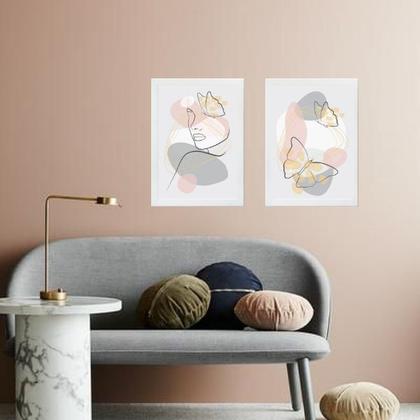 Imagem de Kit 2 Quadros Borboletas Abstratas Rosa e Cinza 24x18cm - com vidro