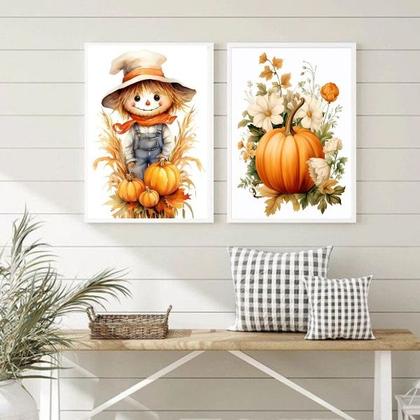 Imagem de Kit 2 Quadros Cozinha Espantalho Abóbora 45x34cm - com vidro