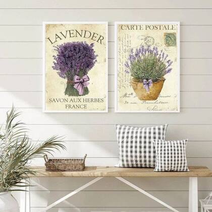 Imagem de Kit 2 Quadros Decorativos Buquê De Lavanda 24x18cm - com vidro