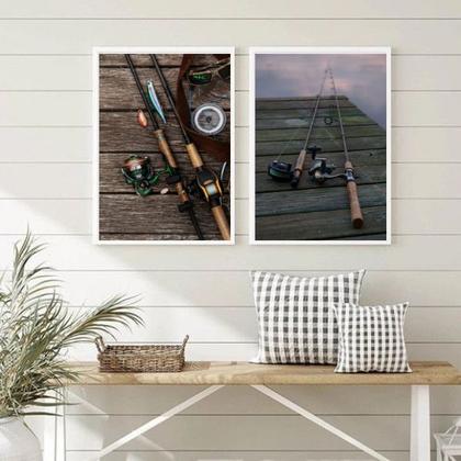 Imagem de Kit 2 Quadros Decorativos Instrumentos Pescaria 24x18cm - com vidro