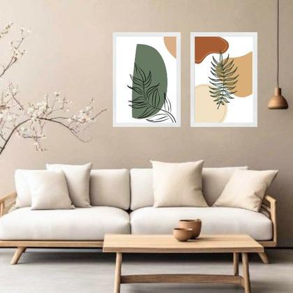 Imagem de Kit 2 Quadros Estilo Boho Folhas Verdes 33x24cm - com vidro