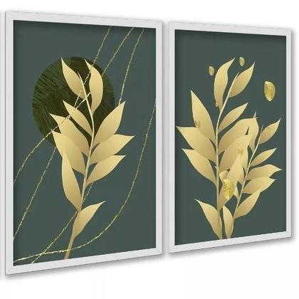 Imagem de Kit 2 Quadros Folhas Verde Musgo Com Dourado 33X24Cm - Vidro