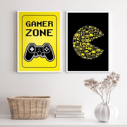 Imagem de Kit 2 Quadros Gamer Preto e Amarelo 33x24cm - Moldura Branca