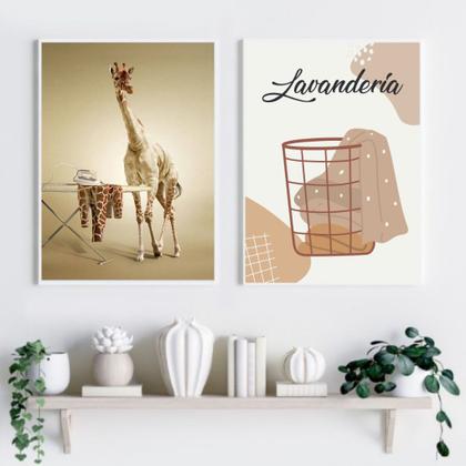 Imagem de Kit 2 Quadros Lavandería - Girafa 45x34cm - com vidro