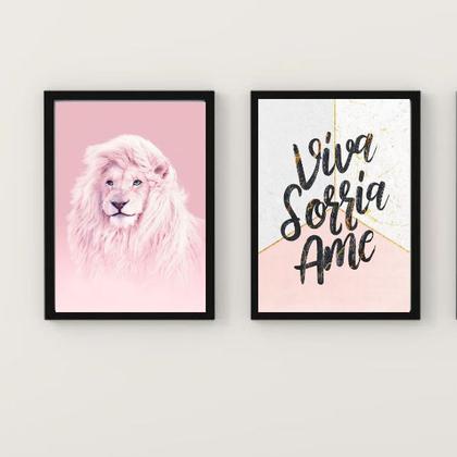 Imagem de Kit 2 Quadros Leão Rosa Viva SorriaAme 33x24cm - com vidro