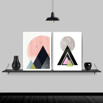 Imagem de Kit 2 Quadros Modernos Triângulos Coloridos 45x34cm - com vidro