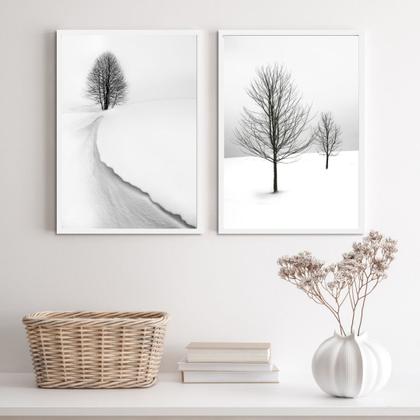 Imagem de Kit 2 Quadros Paisagens Neve Árvores 45x34cm - com vidro