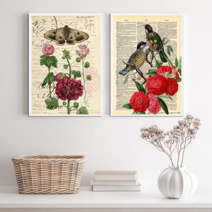 Imagem de Kit 2 Quadros Para Varanda Pássaro Borboletas e Flores 33x24cm - com vidro