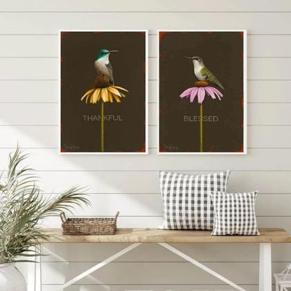 Imagem de Kit 2 Quadros Passarinho- Thankful e Blessed 33x24cm - com vidro