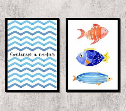 Imagem de Kit 2 Quadros Peixes Continue A Nadar 33x24cm - com vidro