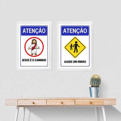 Imagem de Kit 2 Quadros Placas Cristãs - Atenção 45x34cm