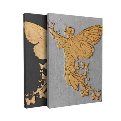 Imagem de Kit 2 Quadros Tela Canvas Fada Borboleta Preto Branco Quarto