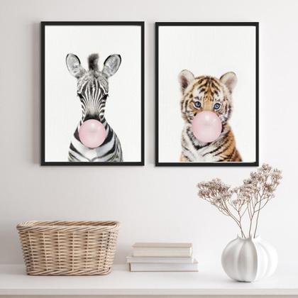 Imagem de Kit 2 Quadros Zebra Tigre 33x24cm Moldura Branca