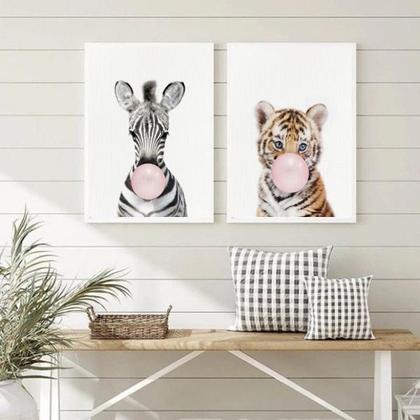 Imagem de Kit 2 Quadros Zebra Tigre 33x24cm Moldura Branca