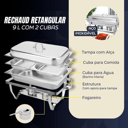 Imagem de Kit 2 Rechaud Aço Inox 201 Retangular 9 Litros Com 2 Cubas ½ Panelas Banho Maria Buffet Brinovar