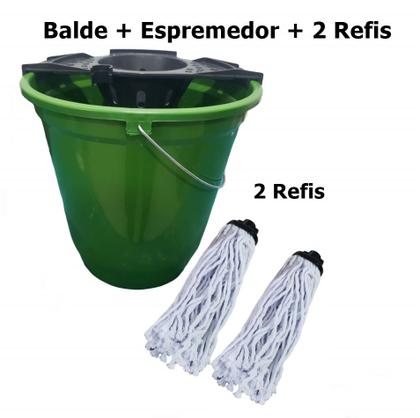 Imagem de Kit 2 Refis Mop Esfregão Algodão 190g + Balde 13 Litros Especial Limpeza + Espremedor