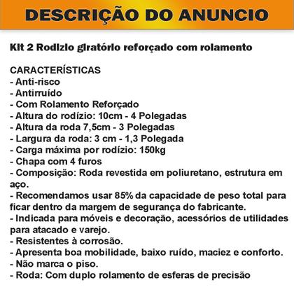 Imagem de Kit 2 Rodinha Rodízio Roda Grande Reforçada Giratório 70mm 3" Peso 300 kg