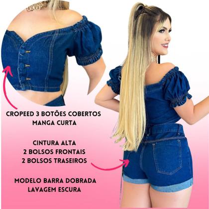 Kit 2 Short Feminino Jeans + Cropped Lavagem Escura e Clara - Fortaleza Jeans Imagem de Kit 2 Short Feminino Jeans + Cropped Lavagem Escura e Clara