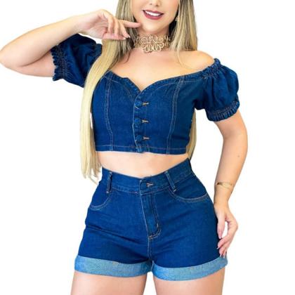 Kit 2 Short Feminino Jeans + Cropped Lavagem Escura e Clara - Fortaleza Jeans Imagem de Kit 2 Short Feminino Jeans + Cropped Lavagem Escura e Clara