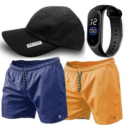 Imagem de Kit 2 Short Masculino Tactel Piscina Praia Bermuda de Academia Corrida MP + Boné Dry Fit + Relógio