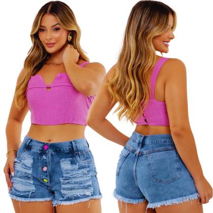 Imagem de Kit 2 Shorts Jeans Feminino Curto 4 Botões Bermudas Femininas Cós Alto Destroeyd Tendência
