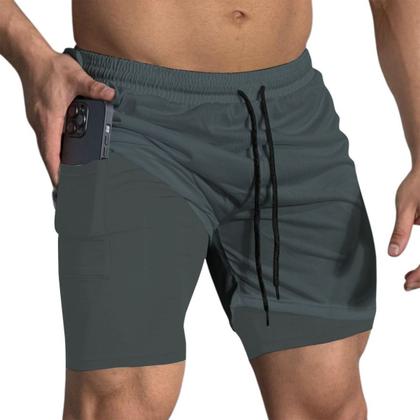 Imagem de Kit 2 Shorts Treino Dry Fit Térmico 2 em 1 com Bolso para Celular e Porta-Toalha Calção Fitness Academia