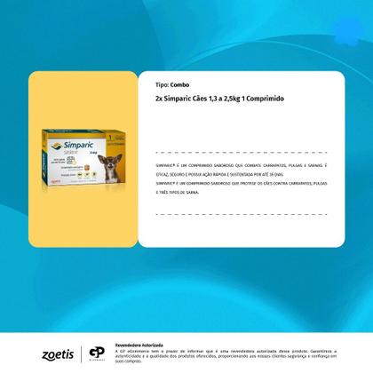 Imagem de Kit 2 Simparic Antipulgas e Carrapatos para Cães de 1,3 a 2,5kg 1 Comprimido 5mg Zoetis