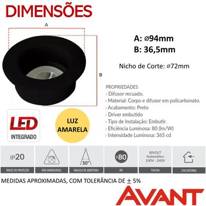 Imagem de Kit 2 Spot Led Preto Redondo Recuado 5w Branco Quente 2700K