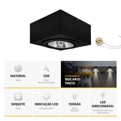 Imagem de Kit 2 Spot Plafon Sobrepor Box Quadrado AR111 Direcionável Preto