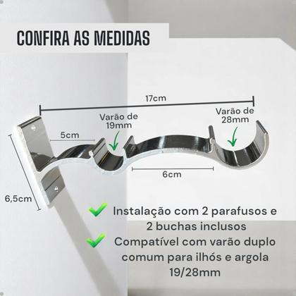Imagem de Kit 2 Suporte Duplo Comum Alumínio Perfil Varão Ilhós Argola 19.28mm
