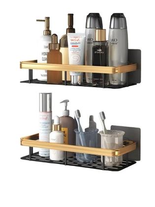 Imagem de Kit 2 Suportes de Shampoo Preto com Dourado Luxo De Alumínio 2 Camadas Para Banheiro Montado Sem Furar a Parede Prateleira