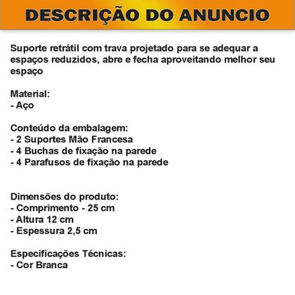 Imagem de Kit 2 Suportes Mão Francesa Cantoneira Dobrável Retrátil Reforçada Prateleira Mesa 25cm