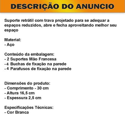Imagem de Kit 2 Suportes Mão Francesa Cantoneira Dobrável Retrátil Reforçada Prateleira Mesa 30cm