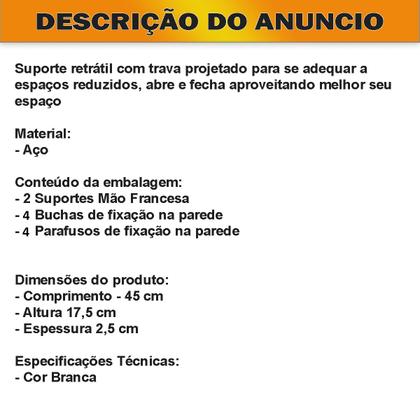 Imagem de Kit 2 Suportes Mão Francesa Cantoneira Dobrável Retrátil Reforçada Prateleira Mesa 45cm
