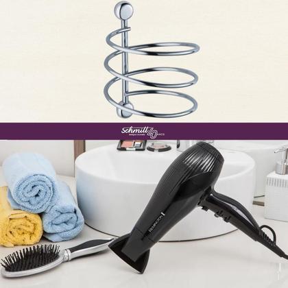 Imagem de Kit 2 Suportes Porta Secador de Cabelo Espiral Cromados Acessórios para Banheiro Parede