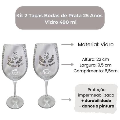 Imagem de Kit 2 Taças Vidro Bodas de Prata 25 Anos Luxo + Presente