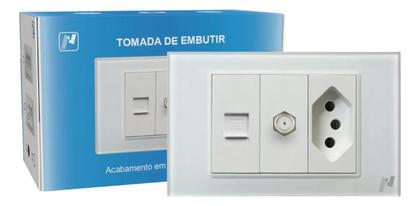 Imagem de Kit 2 Tomadas Embutir Novadigital 10a 16a 20a Com Saída Cabo Rj45 E Antena 3 Pinos Branca
