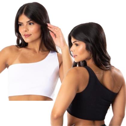 Imagem de Kit 2 Top Cropped Feminino Básico Um Ombro Só Alça Larga Sem Bojo Casual