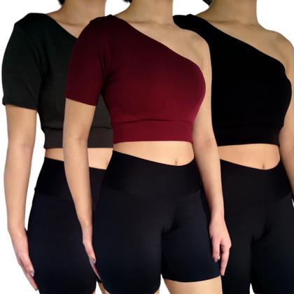 Imagem de Kit 2 Tops Croppeds Femininos Manga Curta Um Ombro Só Cores Sortidas Malha Crepe PP ao Plus Size