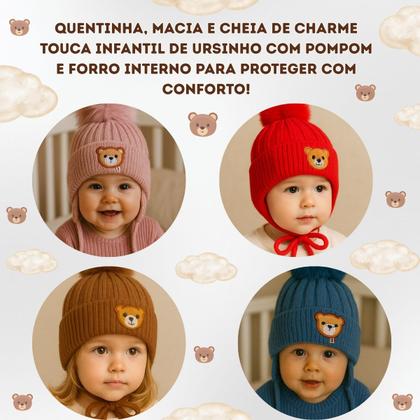 Imagem de Kit 2 Touca infantil gorro pompom ursinho forrada de pelinho de lã menino e menina criança juvenil