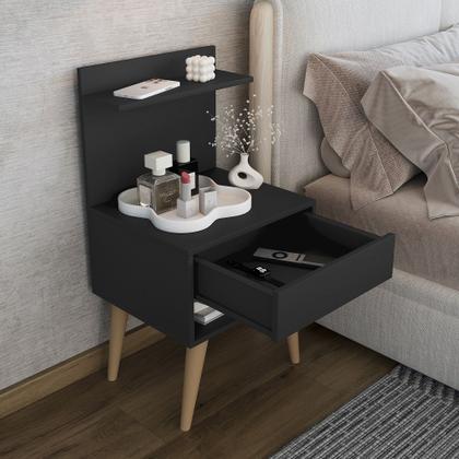 Imagem de Kit 2 unidades de mesa de Cabeceira RV Móveis Kosovo com nicho e prateleira pés palito retro Preto