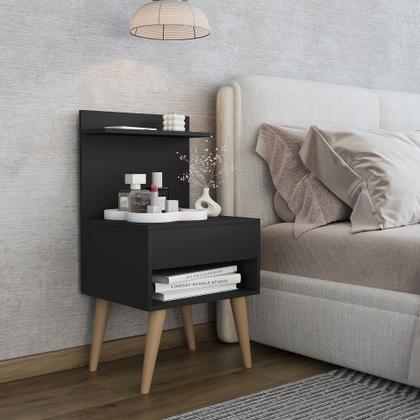 Imagem de Kit 2 unidades de mesa de Cabeceira RV Móveis Kosovo com nicho e prateleira pés palito retro Preto