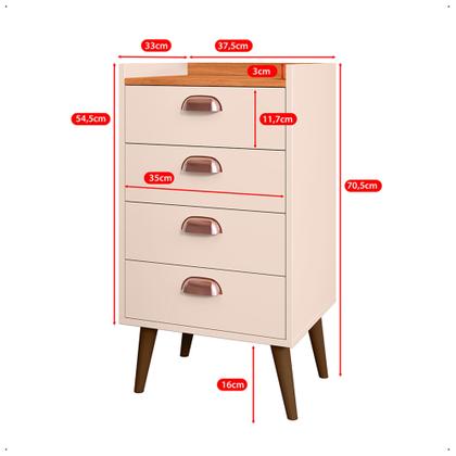 Imagem de Kit 2 Unidades Gaveteiro Mesa de Cabeceira Quarto com 4 Gavetas c/Puxador Concha Moderna e Funcional
