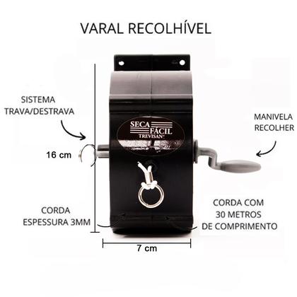 Imagem de Kit 2 Varais Retrátil Parede Recolhível de Roupas Corda 30m Preto